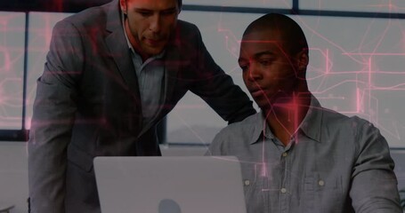 Poster - Two men collaborating on laptop with digital network animation overlay