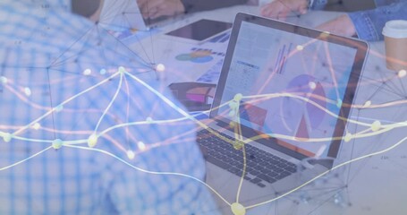 Poster - Business meeting with data charts on laptop over network connections animation