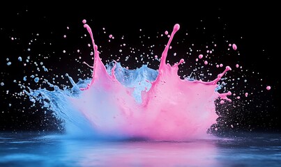 Poster - Vibrant splash of pink and blue paint against a dark background, creating an artistic visual effect.