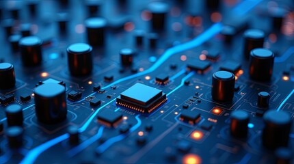 Poster - A computer chip is shown in a blue and orange color scheme