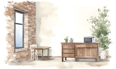 Aufkleber - Cozy interior featuring a wooden desk, chair, and greenery against a rustic brick wall.