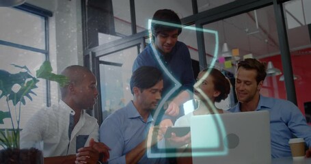 Poster - Collaborating in office, diverse team working with hourglass animation overlay
