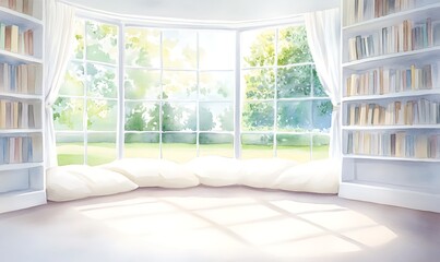 Poster - Bright, airy reading nook with large windows and bookshelves filled with books, overlooking a green landscape.