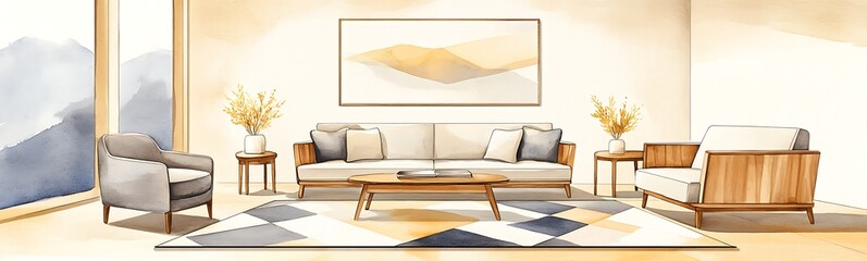 Poster - Modern living room featuring minimalist furniture and soft color palette.