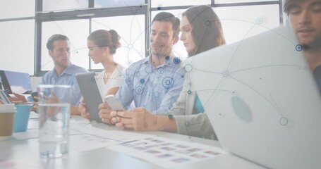 Poster - Collaborating in modern office, business team using digital network animation overlay