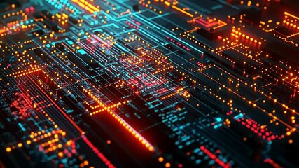 Fototapete - Vibrant electronic circuit design illuminated by glimmering lights in a mesmerizing digital landscape Generative AI