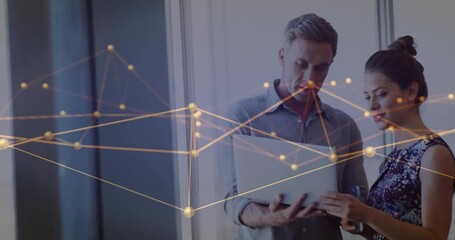 Poster - Collaborating in office, business professionals using laptop with animation overlay