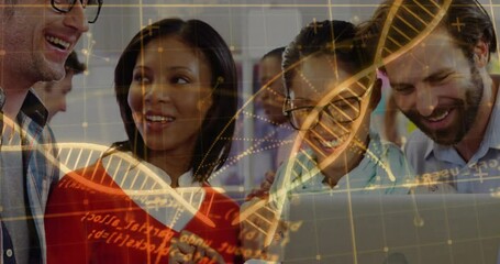 Poster - Diverse group collaborating on laptop with DNA strand and data overlay animation