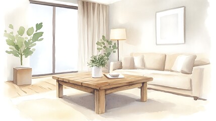 Poster - Bright, modern living room with a cozy sofa, wooden coffee table, and a decorative plant by the window.