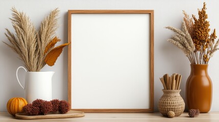 Poster - Elegant display of a decorative frame accompanied by a stylish vase of dried plants in a modern interior setting