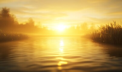 Fototapete - Serene sunrise over a misty river, reflecting warm golden hues amidst lush greenery.