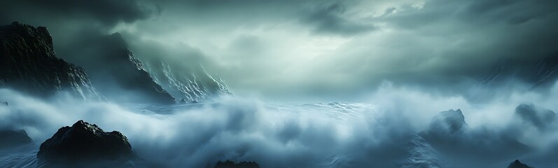 Poster - Dramatic ocean waves clash against dark rocks under a moody sky.