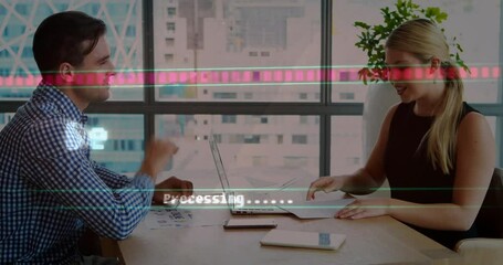 Poster - Business meeting with data processing animation over two colleagues at office