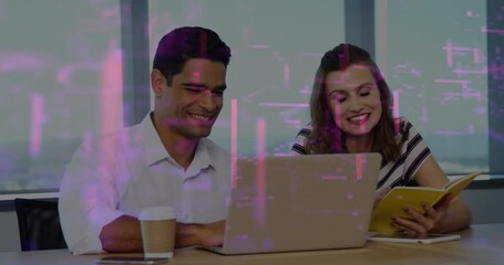 Poster - Smiling colleagues working on laptop with digital data animation overlay