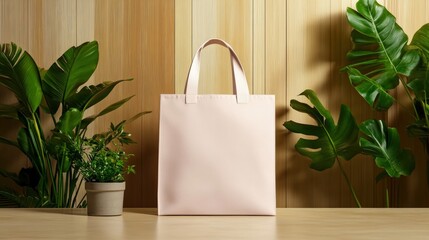 Poster - Charming combination of a green plant and a bright pink tote bag set against a light background for a playful look