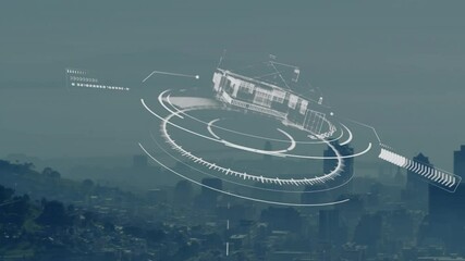 Poster - Cityscape with futuristic digital interface, geometric patterns overlaying urban skyline
