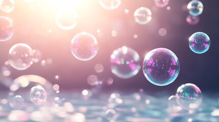 Aufkleber - Translucent bubbles float in a soft, illuminated atmosphere, creating a dreamy effect.