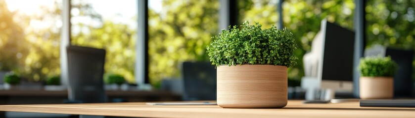 Poster - Contemporary desk decorated with a green potted plant adding freshness to a modern office environment