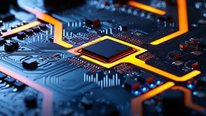 modern circuit board layout featuring illuminated orange traces and components, symbolizing technolo