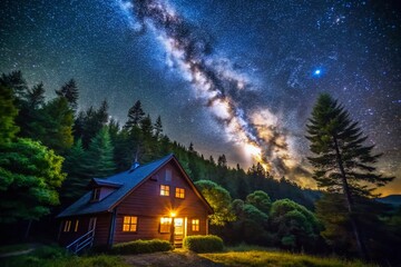 Wall Mural - Milky Way, Comet Tsuchinshan-Atlas, Night Sky over Forest House - Astrophotography