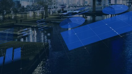 Poster - Animation of blue geometric shapes overlaying urban waterfront scene with grid lines