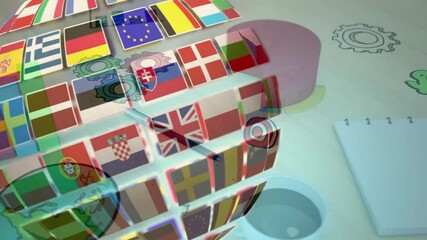 Aufkleber - Animation of rotating cube with national flags over abstract technological background