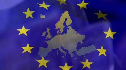 Poster - European Union flag with animation of Europe map surrounded by yellow stars