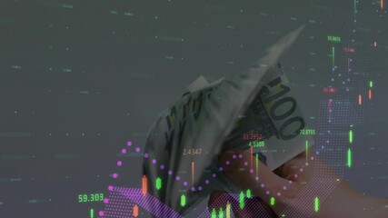 Poster - Hands holding currency over financial data and world map animation