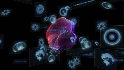 Poster - Digital brain processing data animations over various technological interfaces