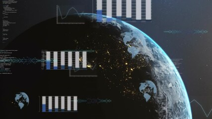 Poster - Animation of Earth with data charts overlaying continents in space view