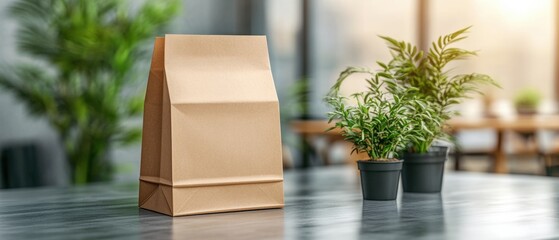 Poster - Vibrant green plant beautifully displayed in a brown paper bag creating a rustic and eco-friendly aesthetic