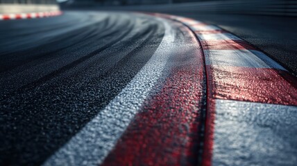 Wall Mural - a close-up shot capturing an empty f1 track with wet asphalt, highlighting the vibrant red and white