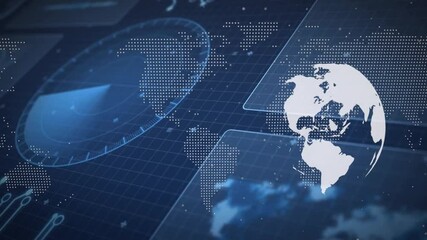 Poster - Animation of digital world map with data points and grid on blue background
