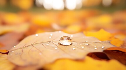 Poster - Close-up of a water droplet resting on a yellow autumn leaf surrounded by scattered leaves.