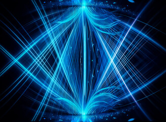 Poster - A vibrant blue light pattern creates a symmetrical and futuristic abstract design on a dark background, resembling energy flow or digital technology.