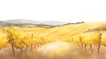 Poster - Golden vineyard landscape with rolling hills and soft light in a serene watercolor style.