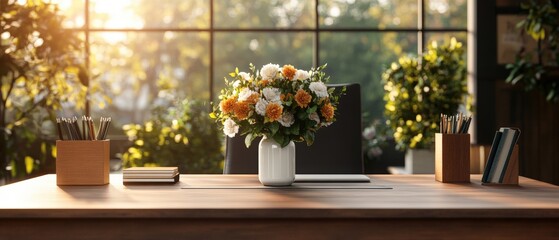 Poster - Beautiful vase of fresh flowers on a desk adorning a home office space with elegance and natural beauty