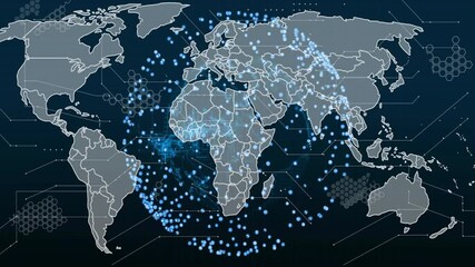 Poster - Animation of world map with glowing blue dots and lines showing global connections