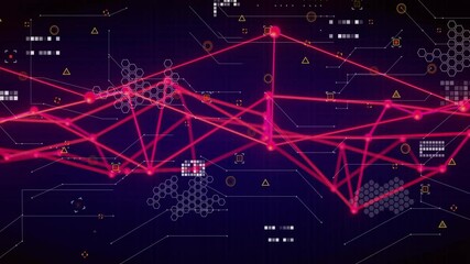 Poster - Red network connections and data processing animation over dark digital background