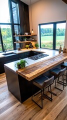 Poster - Warm evening glow on reclaimed barn wood countertops in modern kitchen capturing rustic charm and detail from low angle