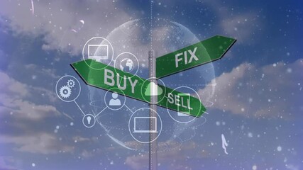 Poster - Green directional signs with Buy, Sell, Fix over digital animation network icons