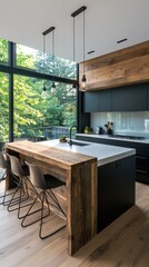 Poster - Modern reclaimed wood kitchen islands in bright spacious setting corner view interior design