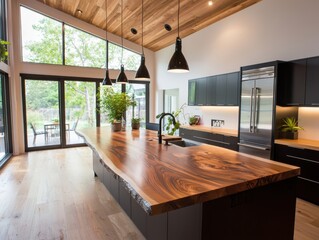 Poster - Versatile recycled wood countertops illuminate chic kitchen setting showcasing modern design elements and bright overhead lighting