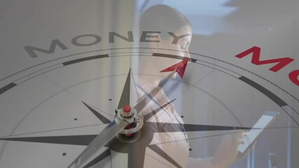 Poster - Pointing to money, compass over tablet, symbolizing financial direction in animation