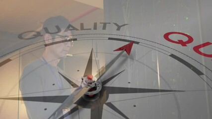 Poster - In server room, person working with compass pointing to quality and animation