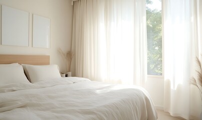 Poster - Bright, airy bedroom with large windows and soft natural light illuminating the white bedding and decor.