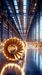 Poster - Steam turbines in operation at power plant harsh industrial lighting machinery in action wide angle view