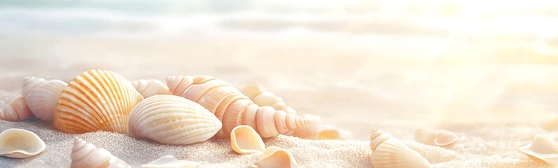 Aufkleber - Seashells scattered on a sandy beach with soft sunlight illuminating the scene.