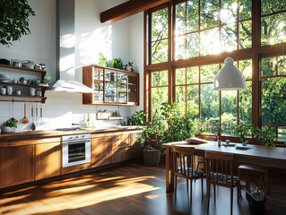 Poster - Heritage kitchen furniture showcase in a sunlit room interior design cozy atmosphere tilted perspective
