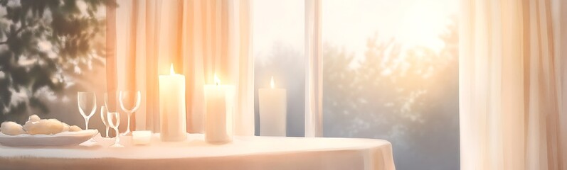 Poster - Bright sunlight filtering through sheer curtains onto a beautifully set table with candles.